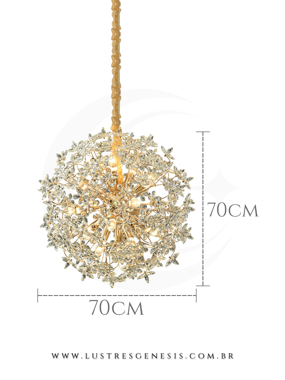 Lustre Pendente Moderno Metal e Cristal DCD06248 Dourado 70x70cm E14, Sala de Jantar, Mesa Sala de Jantar, Sala de Estar, Cozinha
